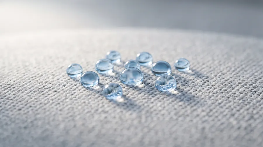 Macro de gotas de água formadas sobre tecido impermeabilizado, sem penetrar na fibra